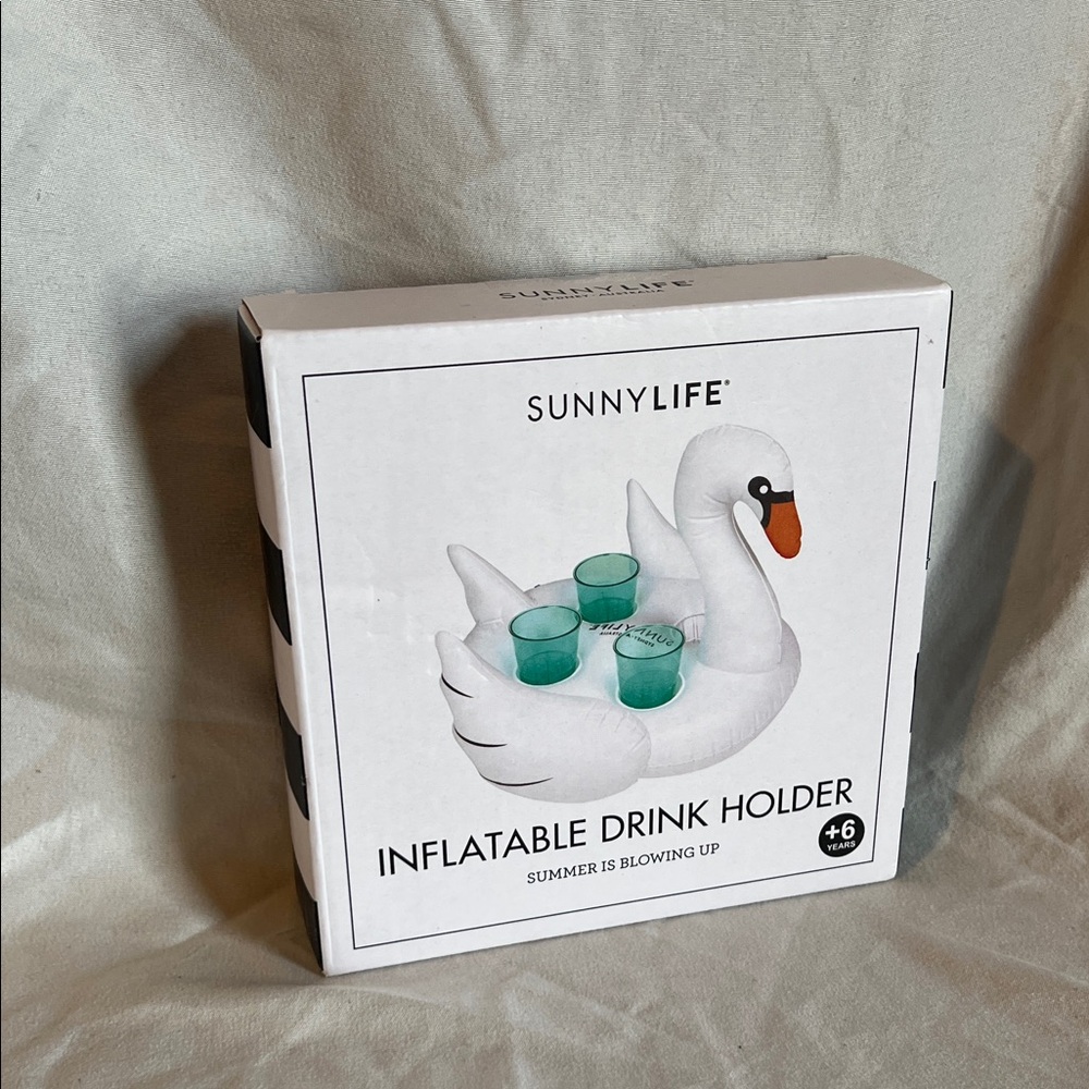 Sunnylife White Swan Inflatable Drink Holder with Teal Cups